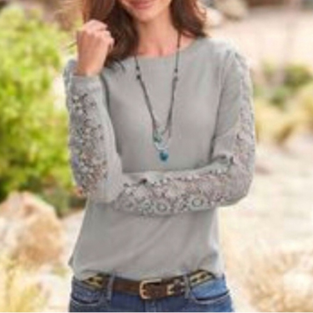 Sundance Gray Thermal Lace Sleeve Top Crochet L